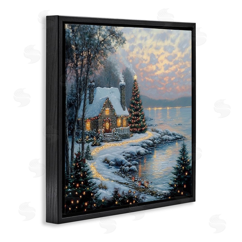 Heidi Kuntz Snowy Lit Cottage by Lake Black Floating Framed Canvas Wall Art Print
