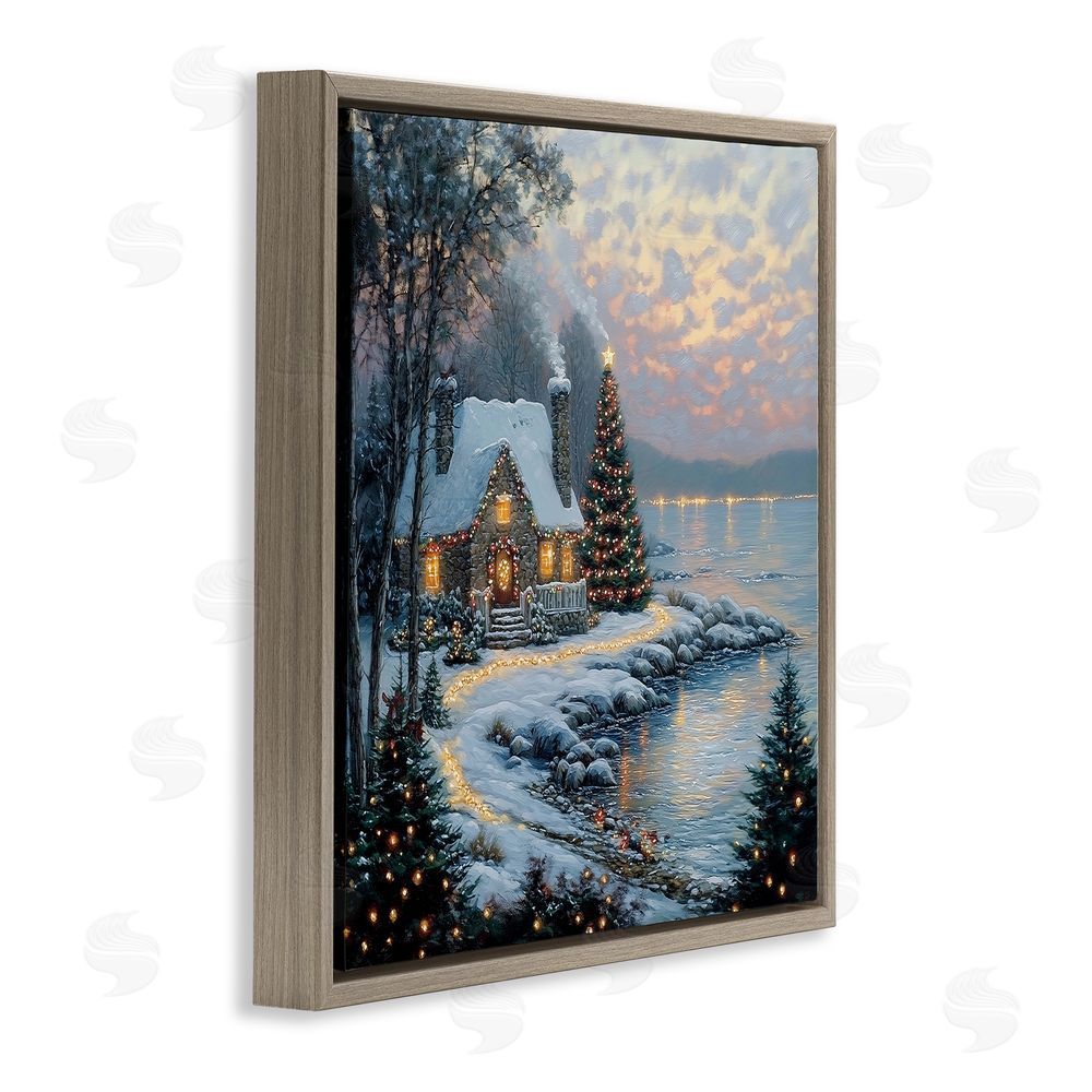 Heidi Kuntz Snowy Lit Cottage by Lake Brown Floating Framed Canvas Wall Art Print