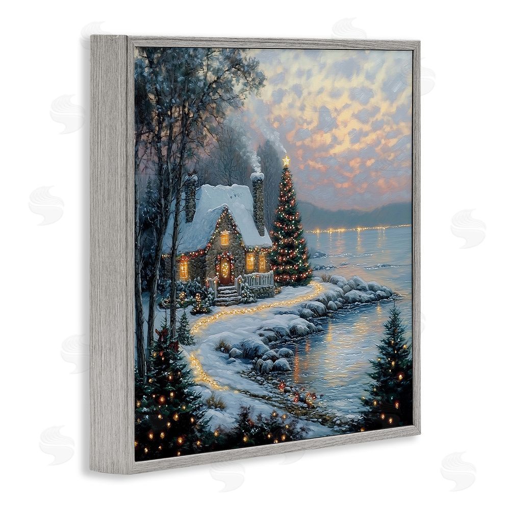 Heidi Kuntz Snowy Lit Cottage by Lake Gray Framed Giclee Wall Art Print