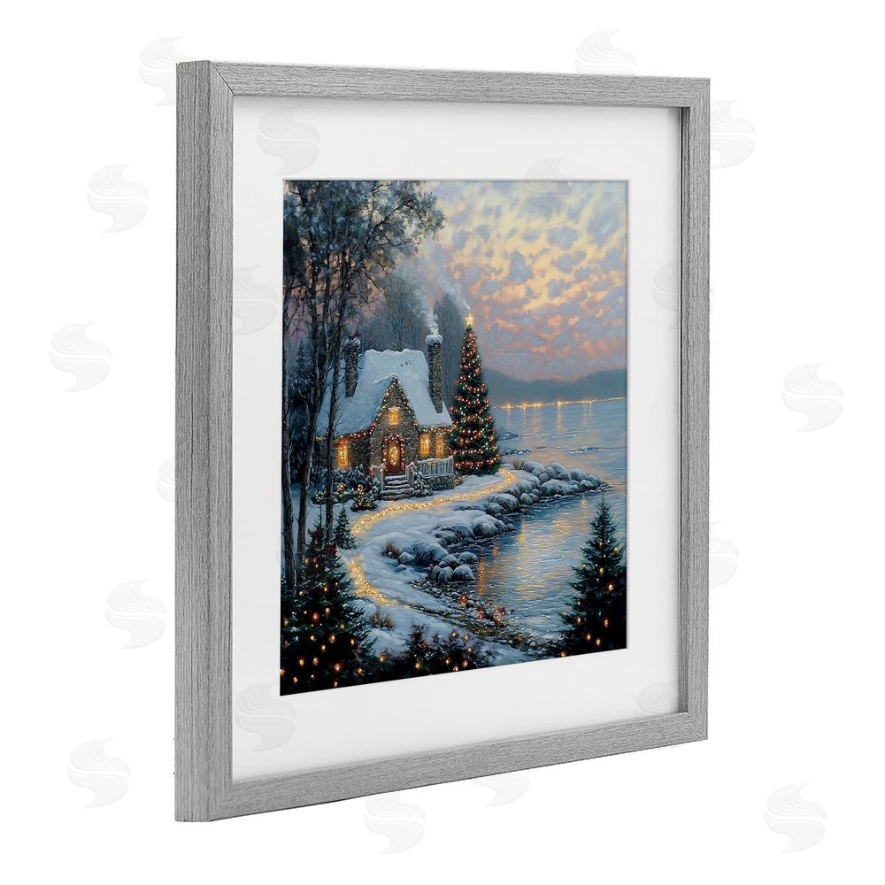 Heidi Kuntz Snowy Lit Cottage by Lake Gray Framed Print Under Glass with White Mat Wall Art