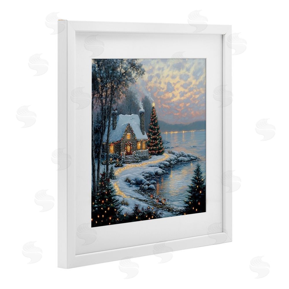 Heidi Kuntz Snowy Lit Cottage by Lake White Framed Print Under Glass with White Mat Wall Art