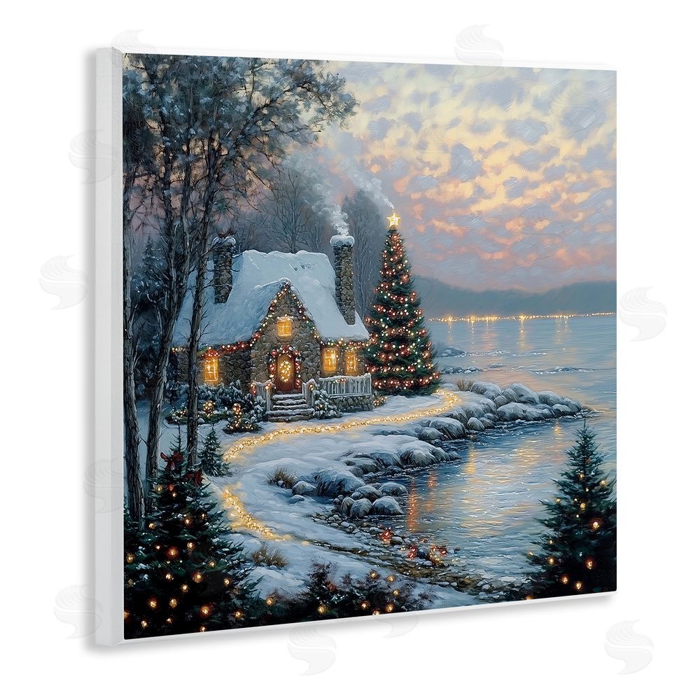 Heidi Kuntz Snowy Lit Cottage by Lake Wall Plaque Printed Art