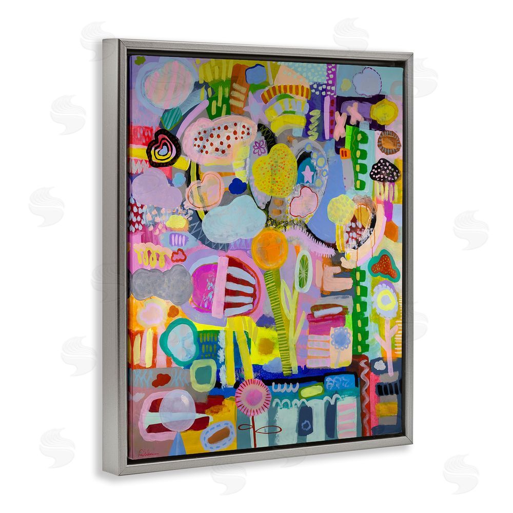 Mary Robertson Big Happy Whimsical Collage Gray Floating Frame Canvas Wall Art Print