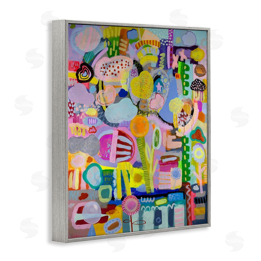 Mary Robertson Big Happy Whimsical Collage Gray Framed Giclee Wall Art Print