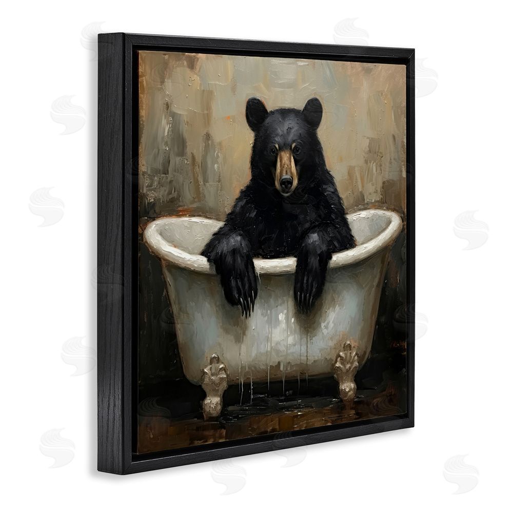 Tina LeCour Black Bear Bath Time Black Floating Frame Canvas Wall Art Print