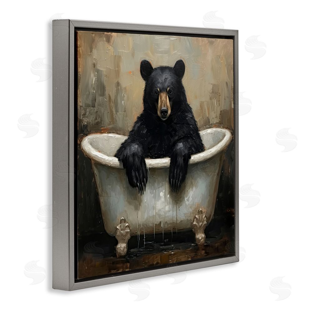 Tina LeCour Black Bear Bath Time Gray Floating Frame Canvas Wall Art Print