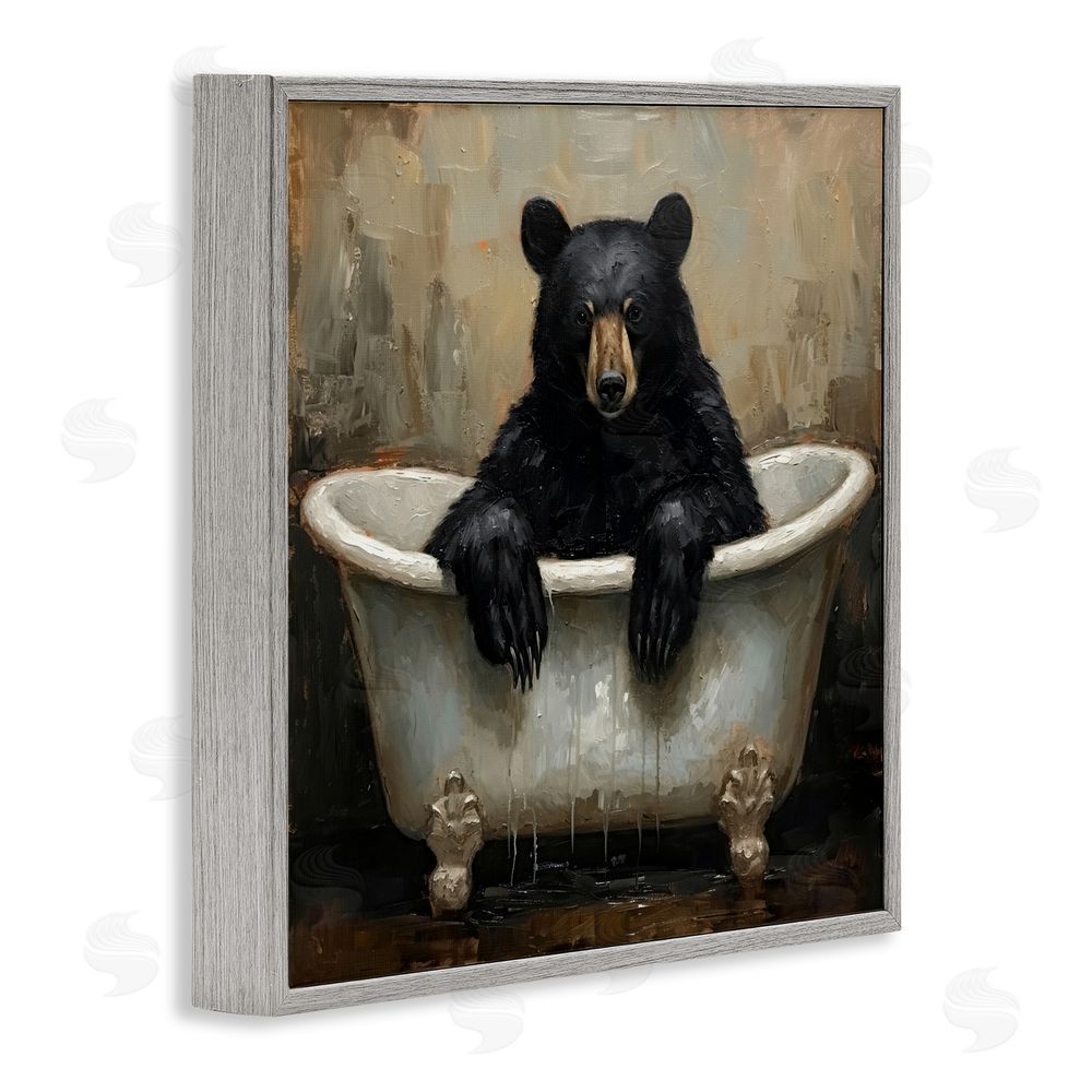 Tina LeCour Black Bear Bath Time Gray Framed Giclee Wall Art Print