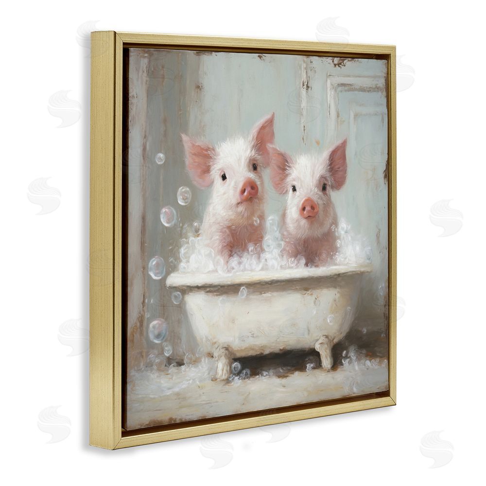Tina LeCour Piglet Bubble Bath Gold Floating Frame Canvas Wall Art Print