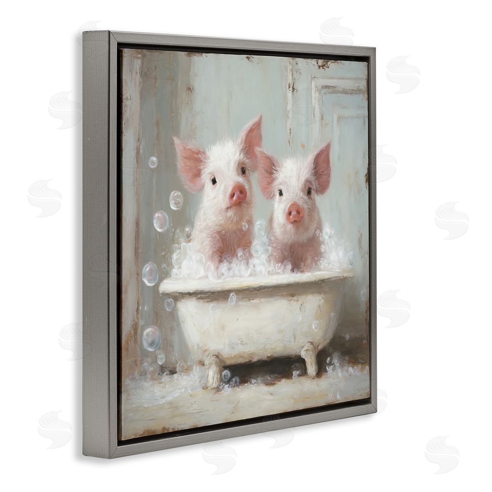 Tina LeCour Piglet Bubble Bath Gray Floating Frame Canvas Wall Art Print