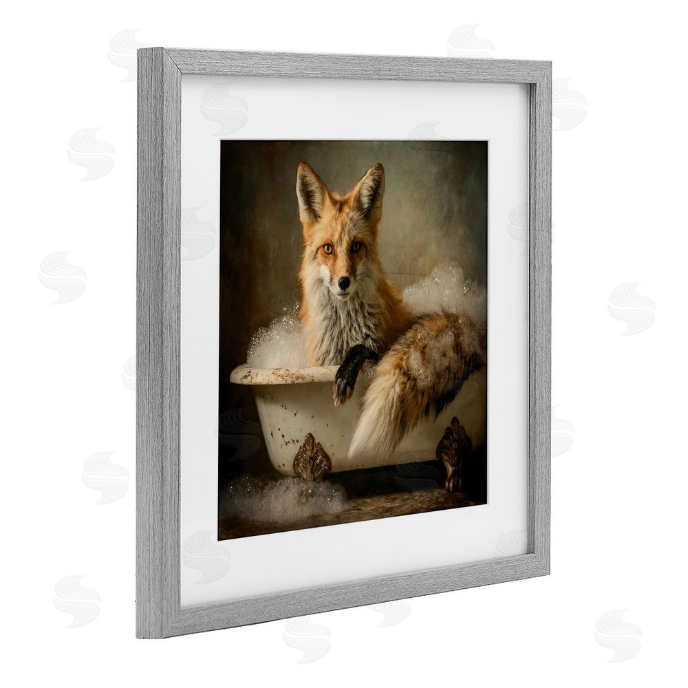 Tina LeCour Red Fox Bubble Bath Gray Framed Print Under Glass Wall Art