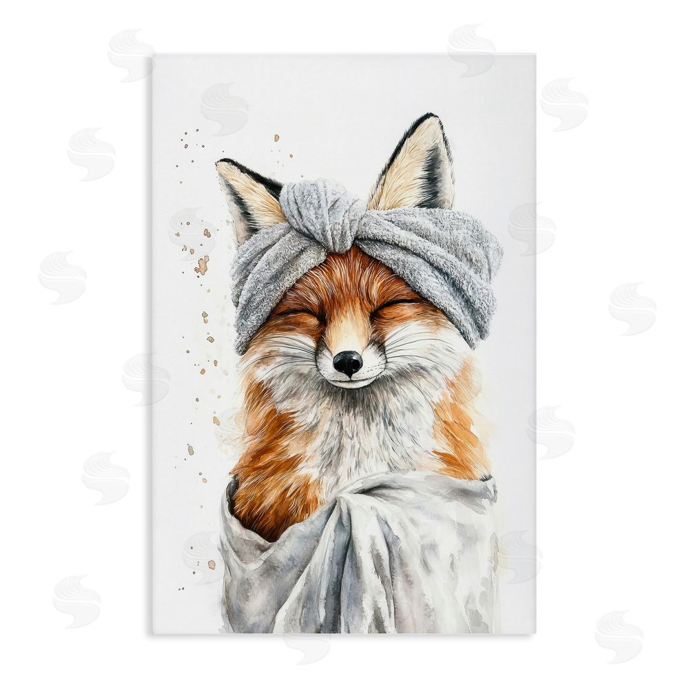 Tina LeCour Bathroom Fox Wrapped in Towel Stretched Canvas Wall Art Print
