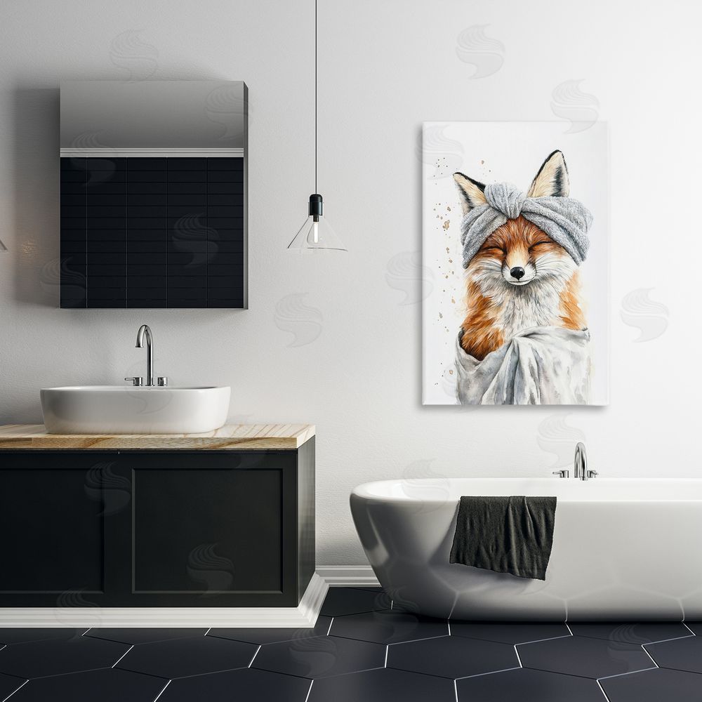 Tina LeCour Bathroom Fox Wrapped in Towel Stretched Canvas Wall Art in Room