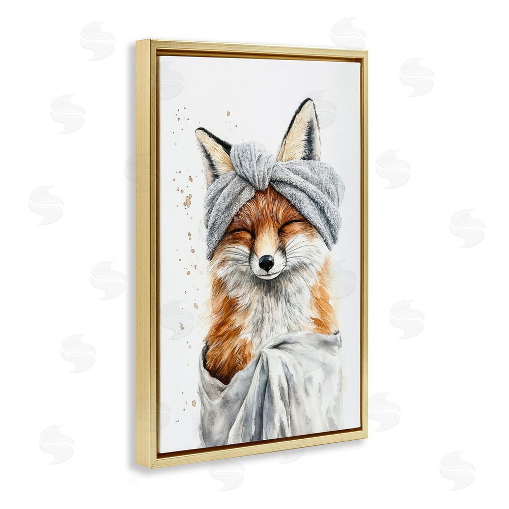 Tina LeCour Bathroom Fox Wrapped in Towel Gold Floating Frame Canvas Wall Art Print