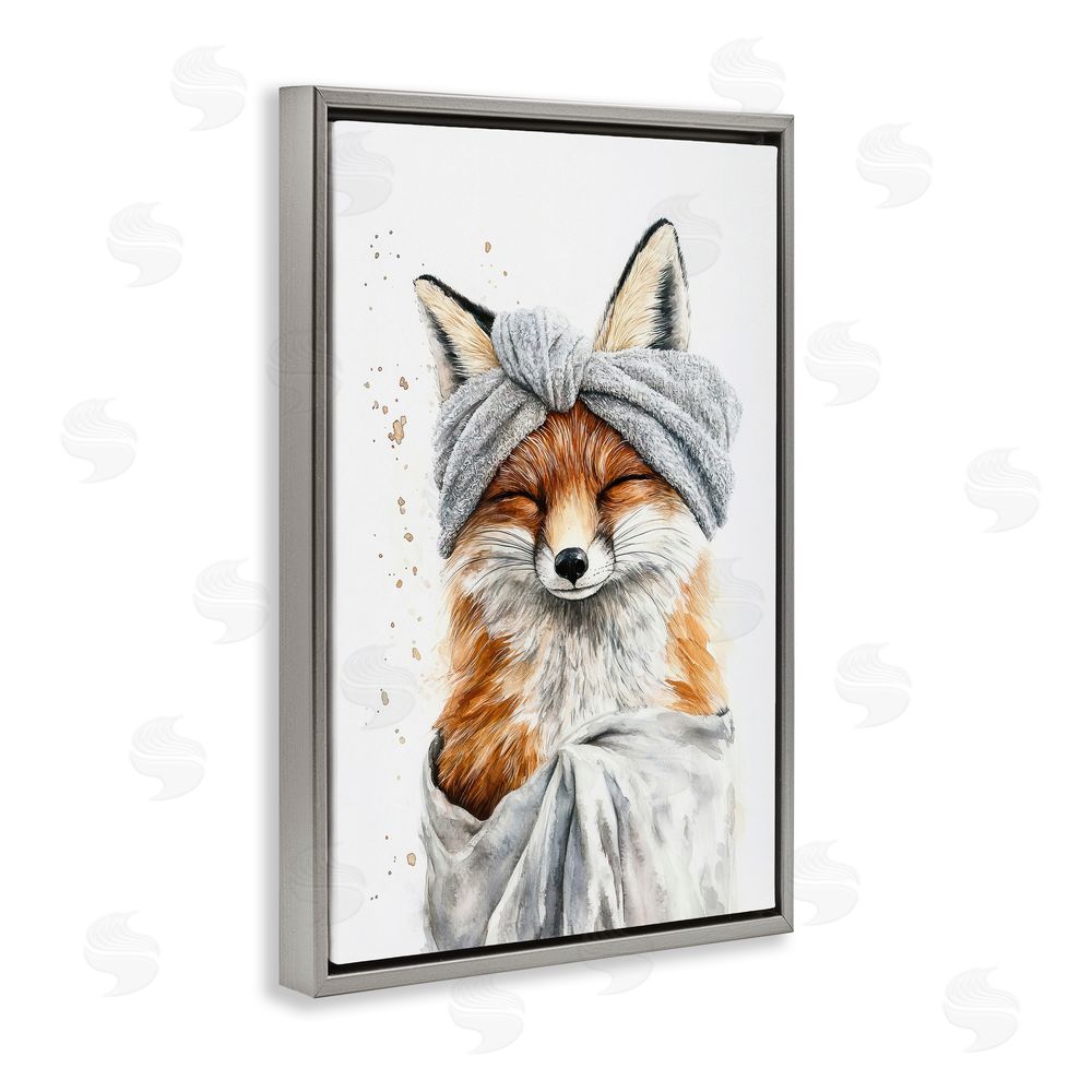 Tina LeCour Bathroom Fox Wrapped in Towel Gray Floating Frame Canvas Wall Art Print