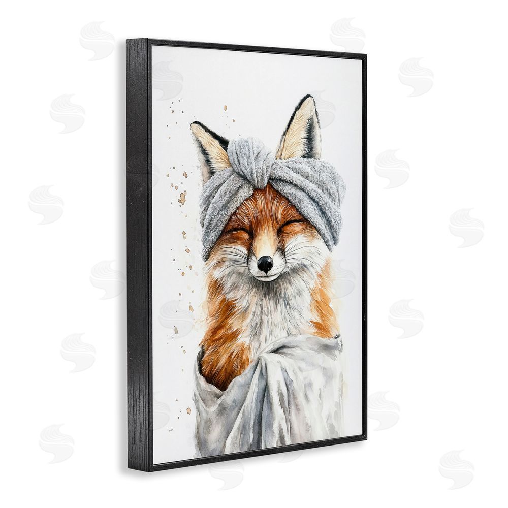 Tina LeCour Bathroom Fox Wrapped in Towel Black Framed Giclee Wall Art Print