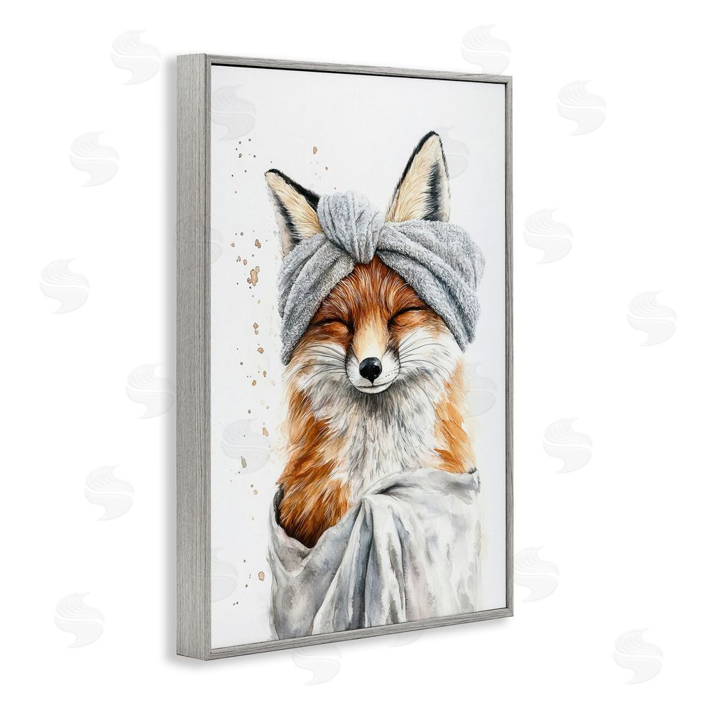 Tina LeCour Bathroom Fox Wrapped in Towel Gray Framed Giclee Wall Art Print