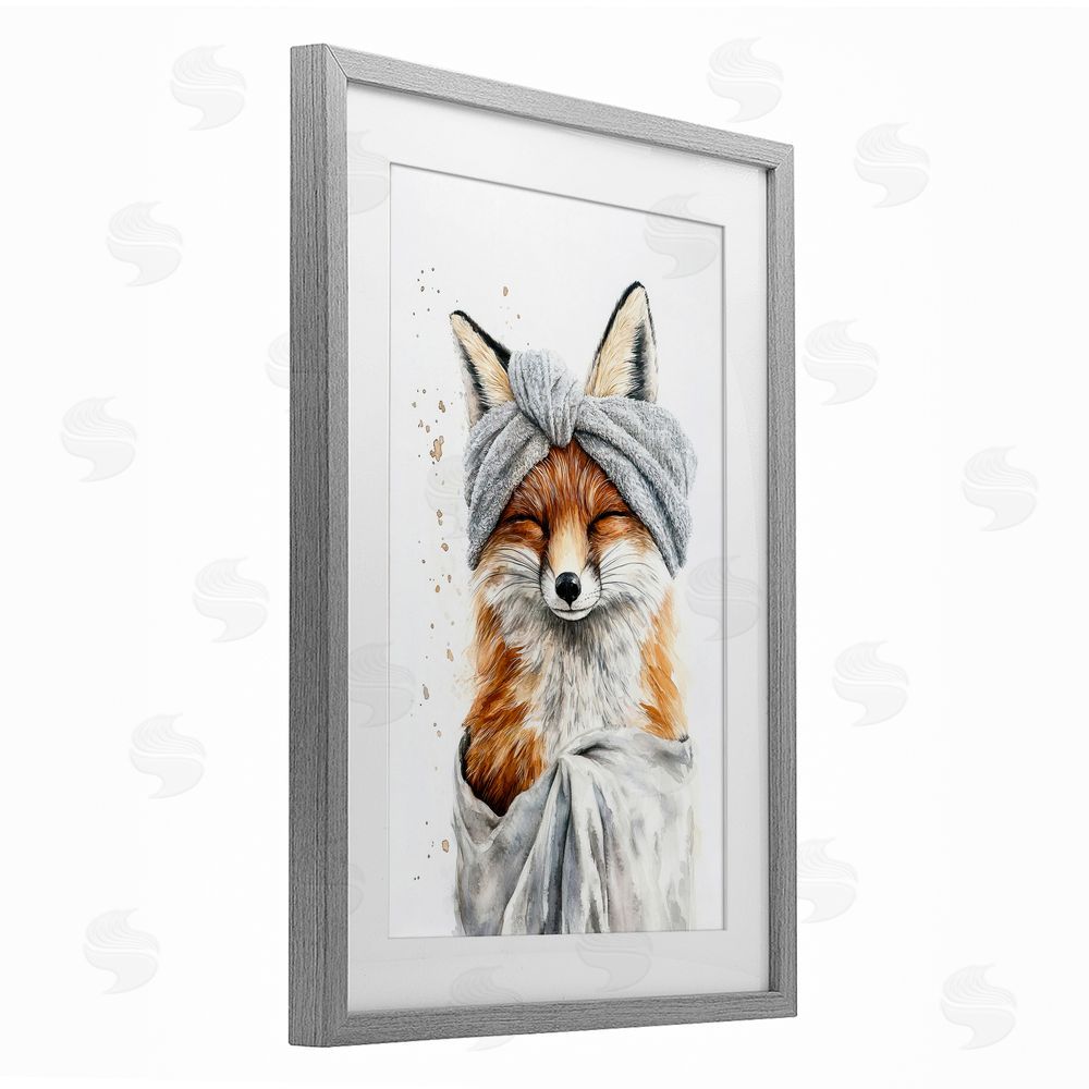 Tina LeCour Bathroom Fox Wrapped in Towel Gray Framed Print Under Glass Wall Art