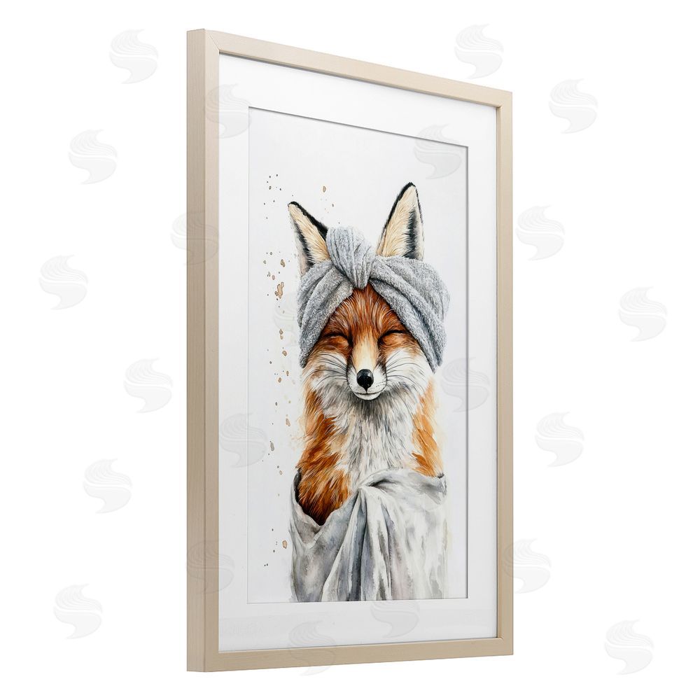 Tina LeCour Bathroom Fox Wrapped in Towel Birch Framed Print Under Glass Wall Art