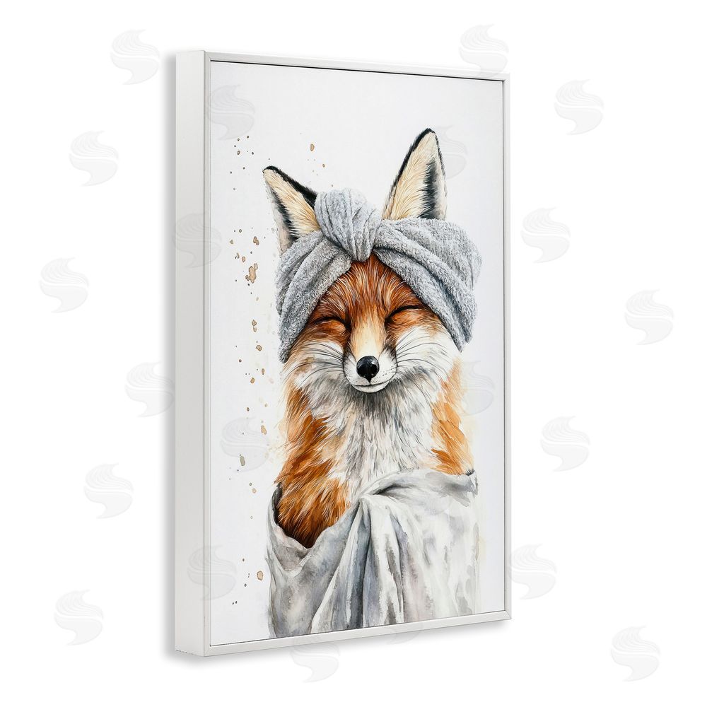 Tina LeCour Bathroom Fox Wrapped in Towel White Framed Giclee Wall Art Print