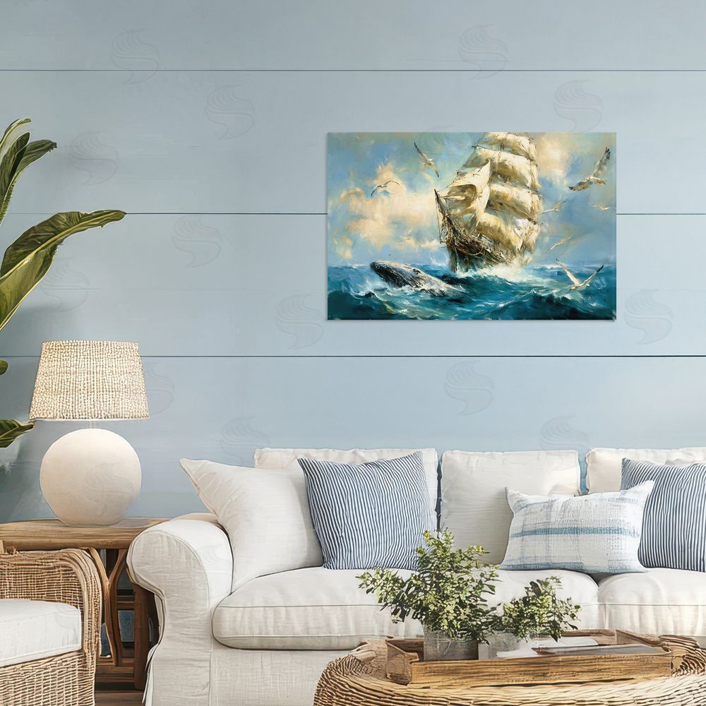 Tina LeCour Clipper Ship & The Whale Stretched Canvas Wall Art in Room