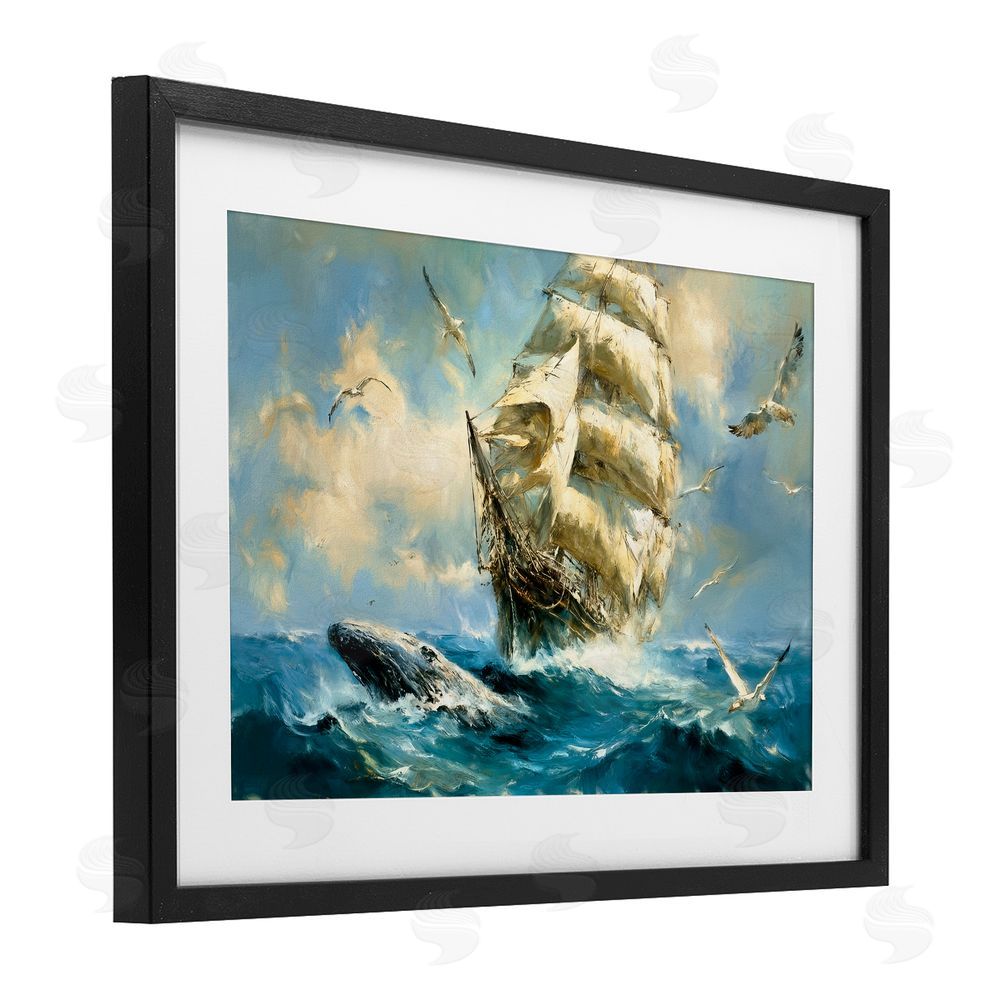 Tina LeCour Clipper Ship & The Whale Black Framed Print Under Glass Wall Art