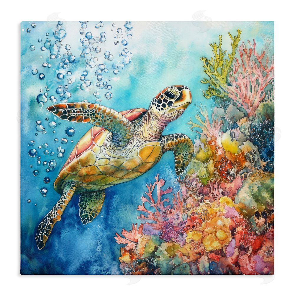 Tina LeCour Underwater Sea Turtle Bubbles Stretched Canvas Wall Art Print