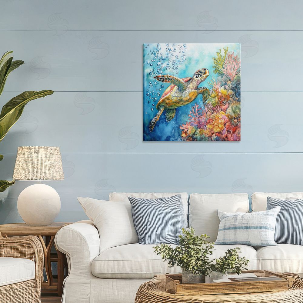 Tina LeCour Underwater Sea Turtle Bubbles Stretched Canvas Wall Art Print in Room