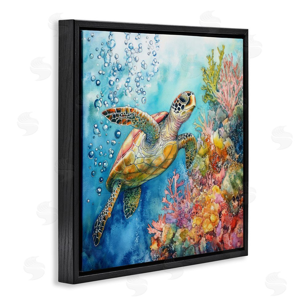 Tina LeCour Underwater Sea Turtle Bubbles Black Floating Frame Canvas Wall Art Print