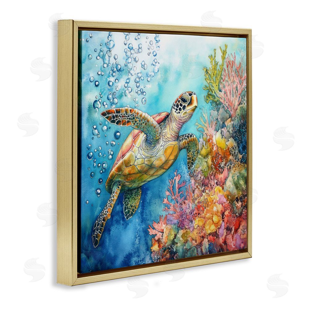 Tina LeCour Underwater Sea Turtle Bubbles Gold Floating Frame Canvas Wall Art Print