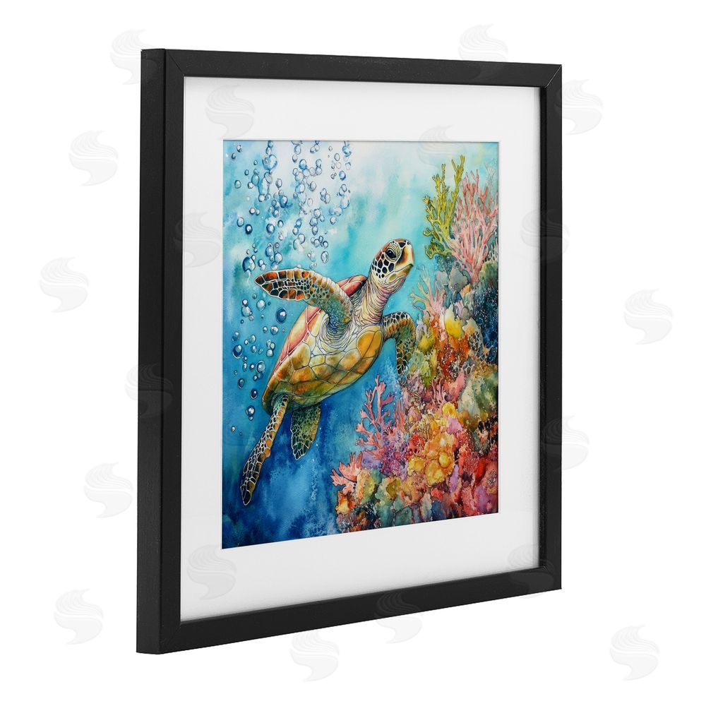 Tina LeCour Underwater Sea Turtle Bubbles Black Framed Print Under Glass Wall Art