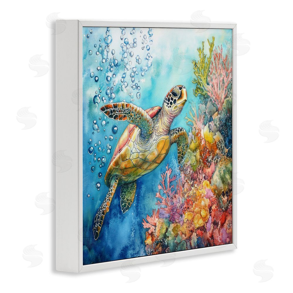 Tina LeCour Underwater Sea Turtle Bubbles White Framed Giclee Wall Art Print