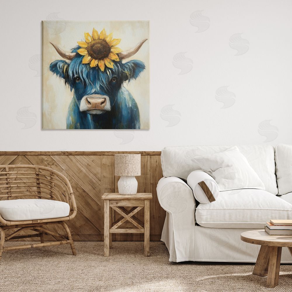 Tina LeCour Pastoral Sunflower Highland Stretched Canvas Wall Art Print in Room