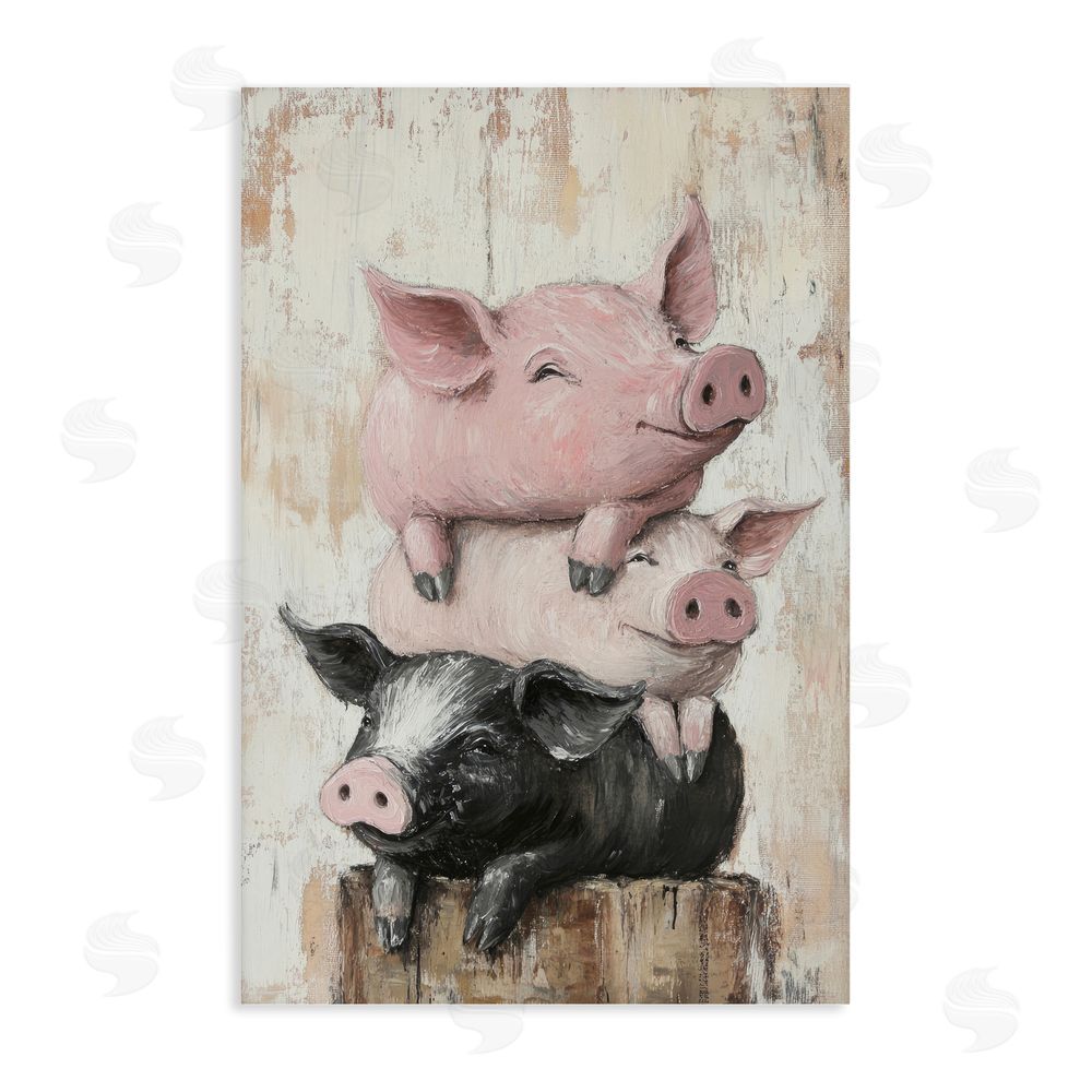Tina LeCour Pig & Piglet Pile Stretched Canvas Wall Art Print