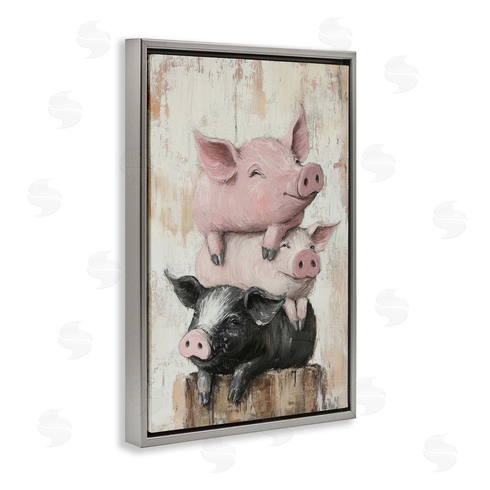 Tina LeCour Pig & Piglet Pile Gray Floating Frame Canvas Wall Art Print