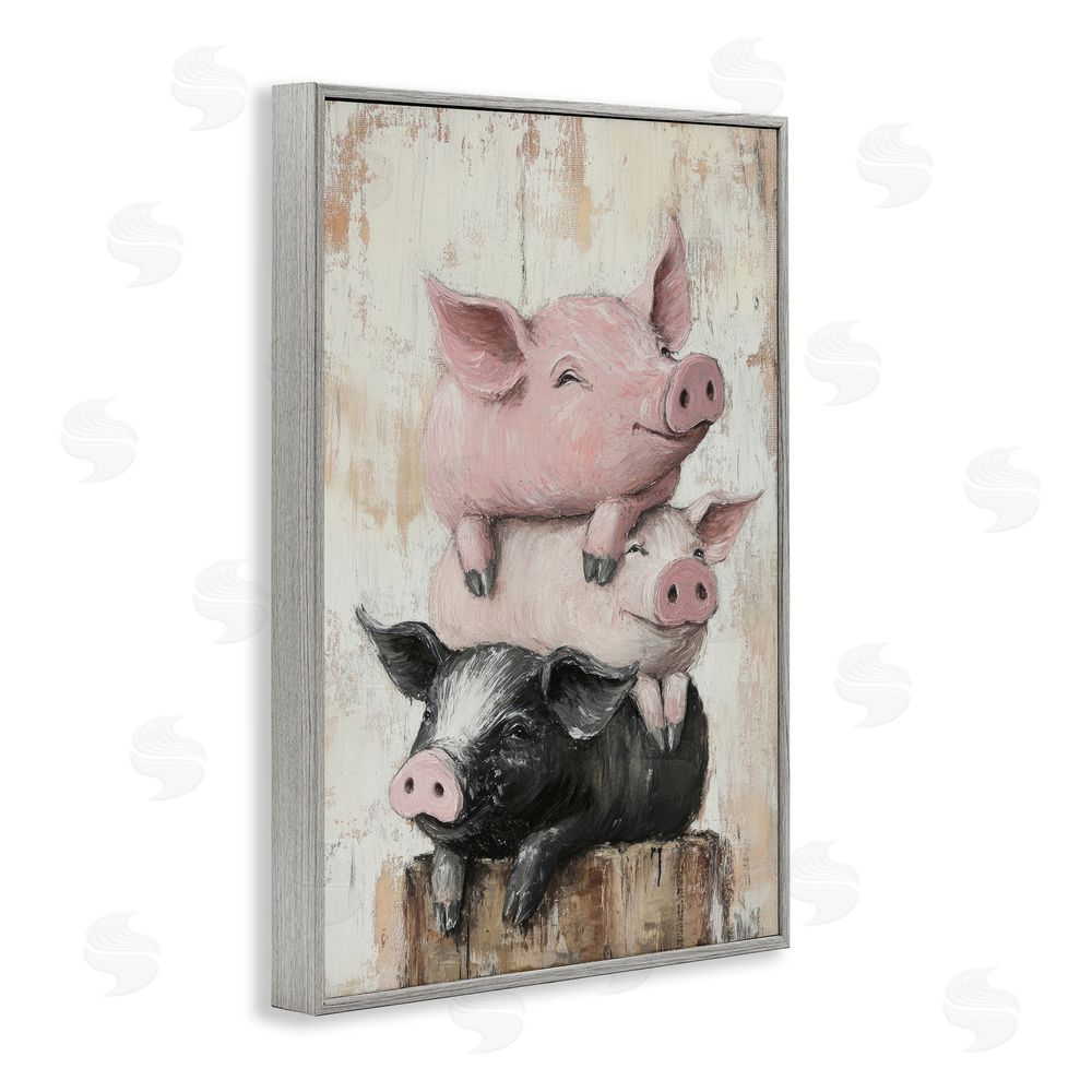 Tina LeCour Pig & Piglet Pile Gray Framed Giclee Wall Art Print