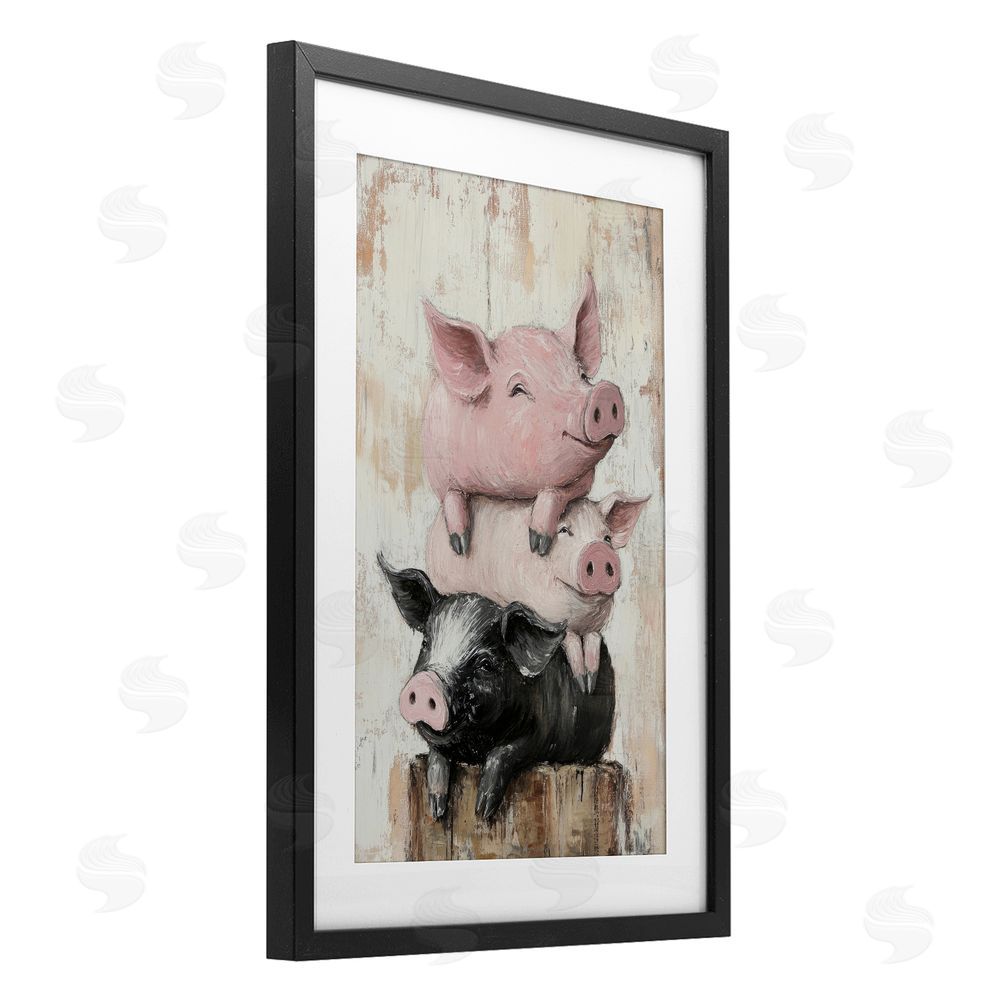Tina LeCour Pig & Piglet Pile Black Framed Print Under Glass Wall Art