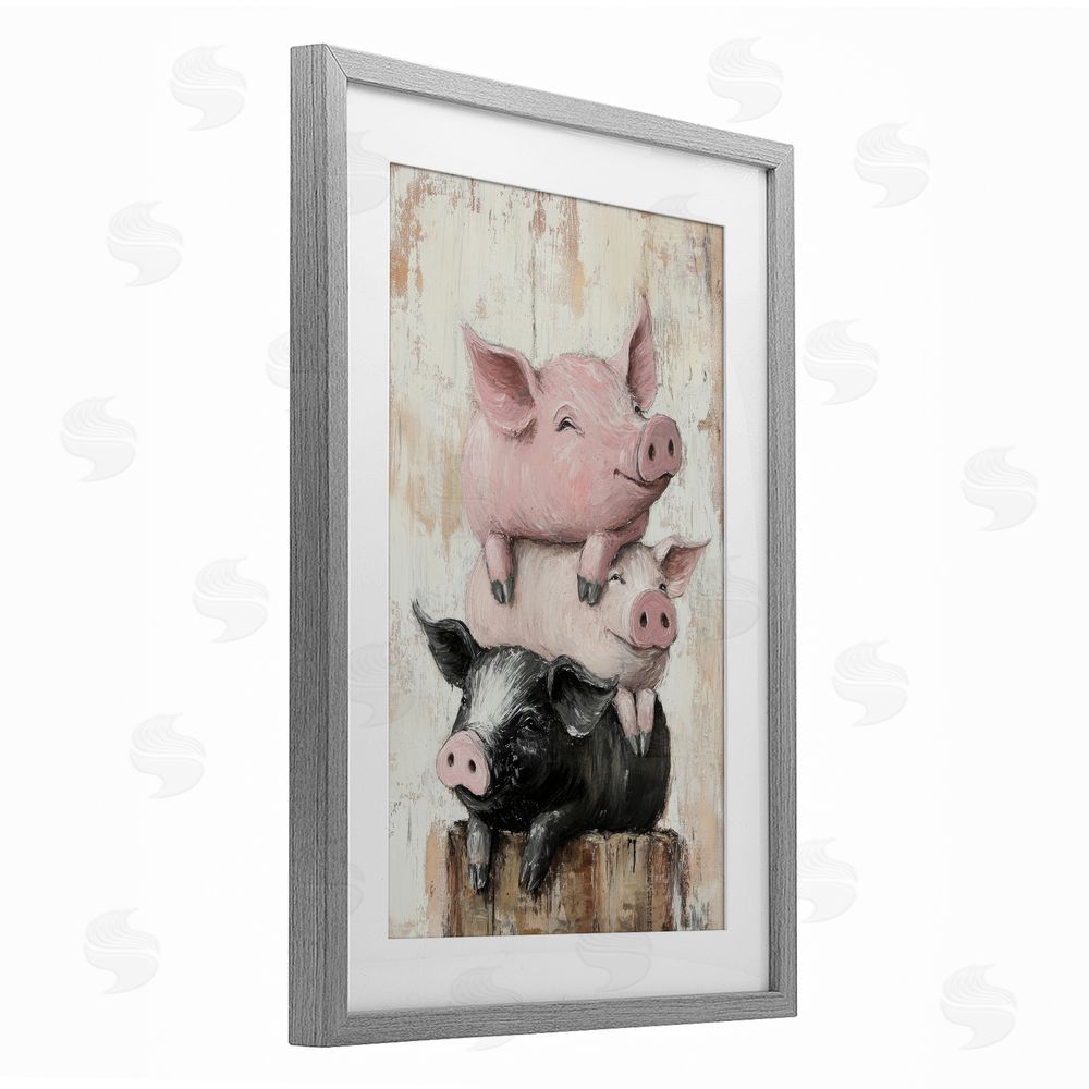 Tina LeCour Pig & Piglet Pile Gray Framed Print Under Glass Wall Art