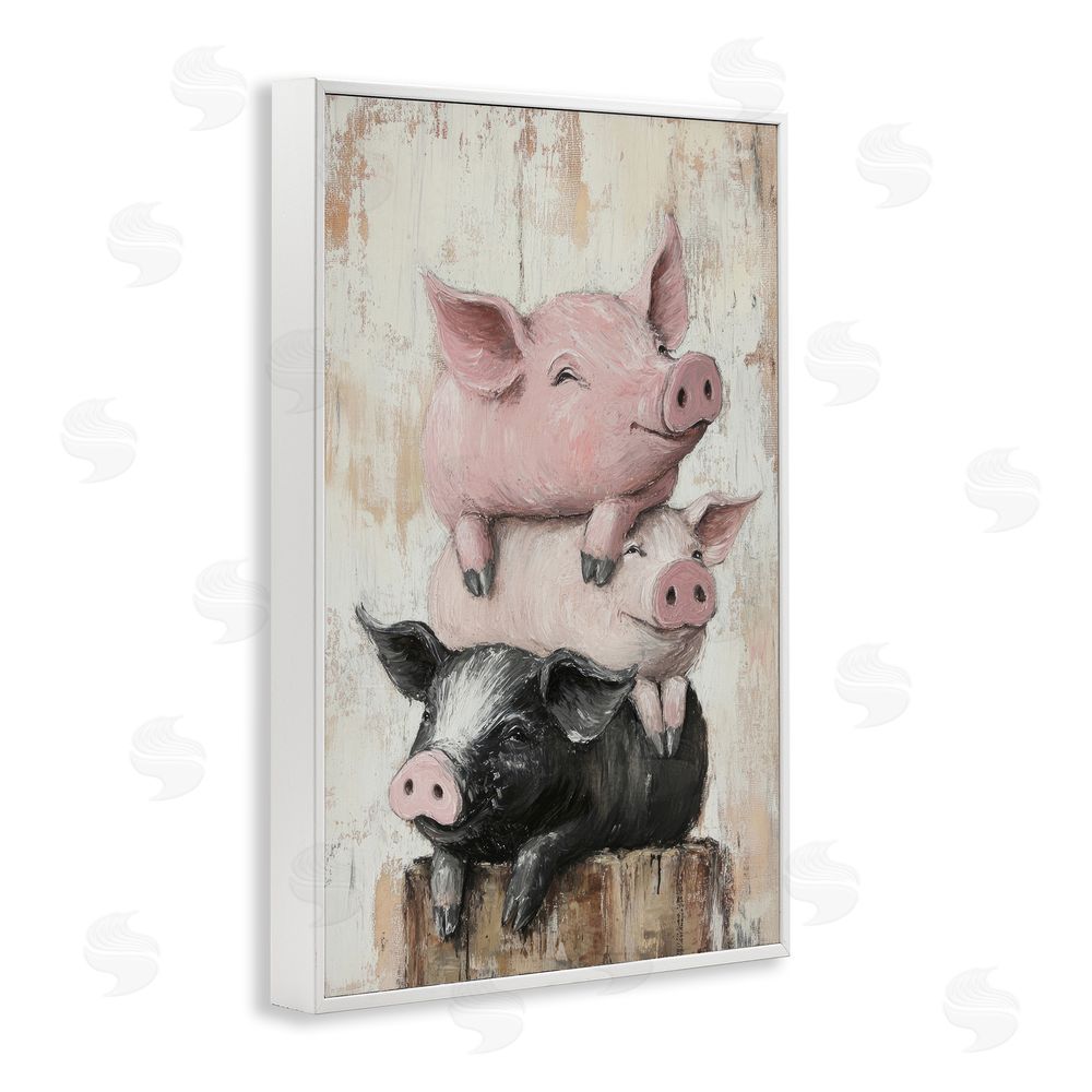 Tina LeCour Pig & Piglet Pile White Framed Giclee Wall Art Print