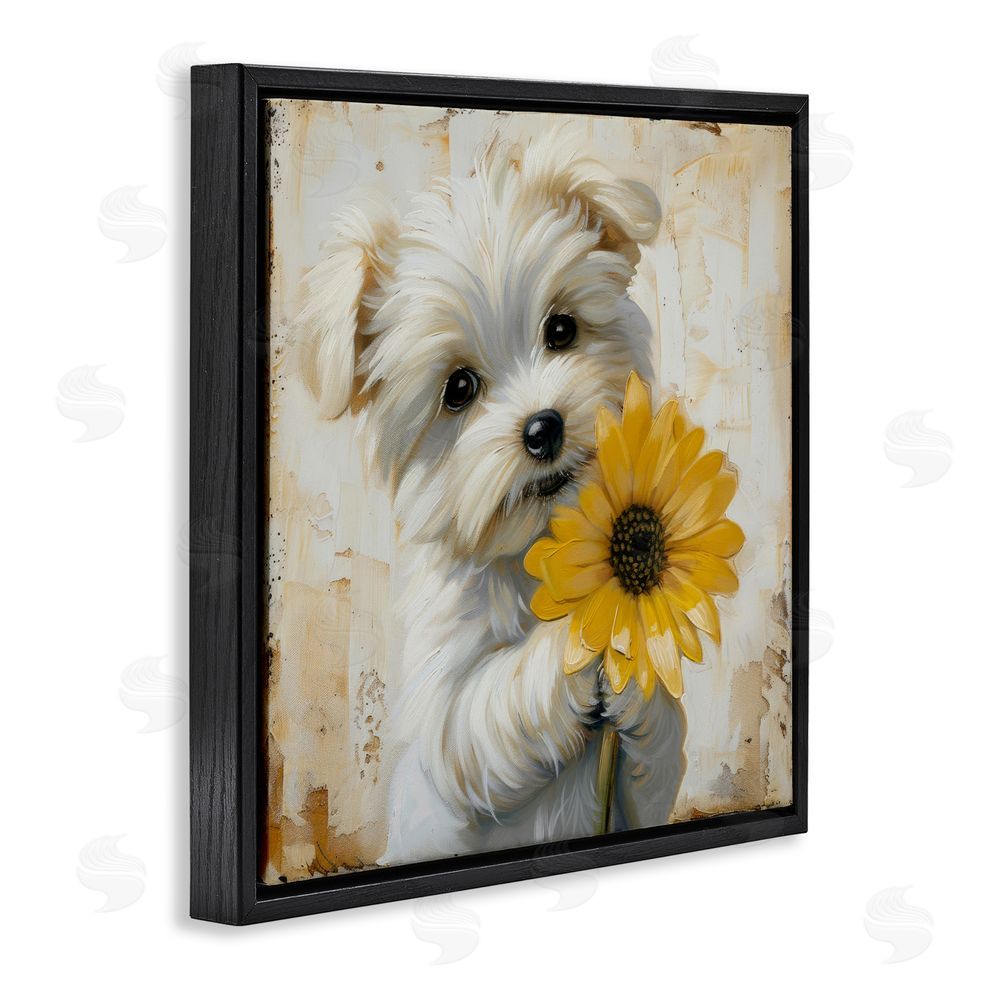 Tina LeCour Little Lucky Puppy Black Floating Frame Canvas Wall Art