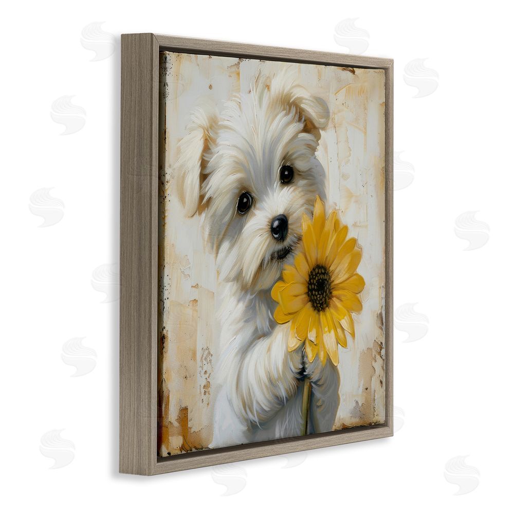 Tina LeCour Little Lucky Puppy Brown Floating Frame Canvas Wall Art