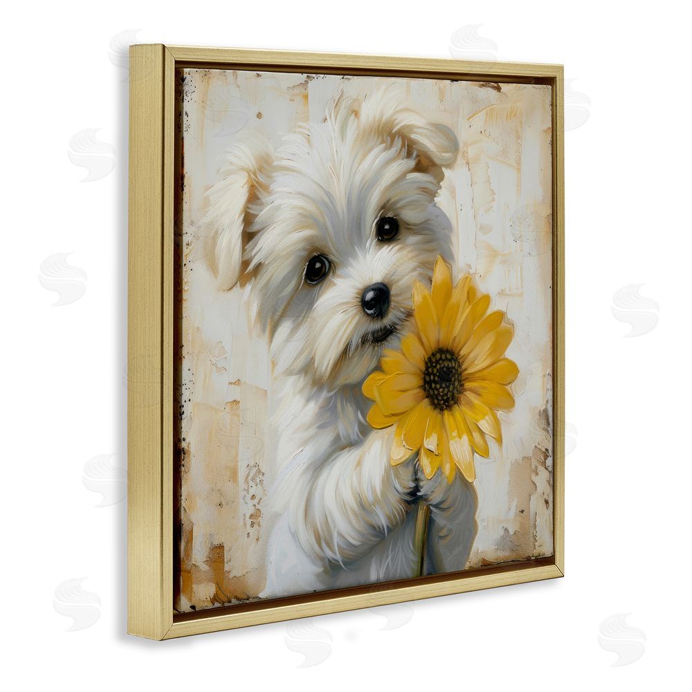 Tina LeCour Little Lucky Puppy Gold Floating Frame Canvas Wall Art