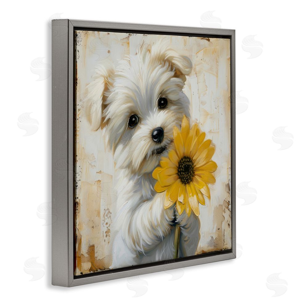 Tina LeCour Little Lucky Puppy Gray Floating Frame Canvas Wall Art