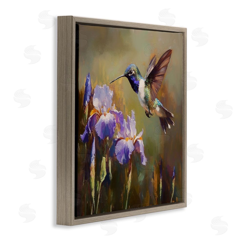 Tina LeCour Hummingbird & Purple Irises Brown Floating Frame Canvas Wall Art