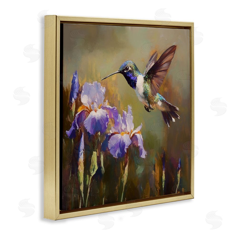Tina LeCour Hummingbird & Purple Irises Gold Floating Frame Canvas Wall Art