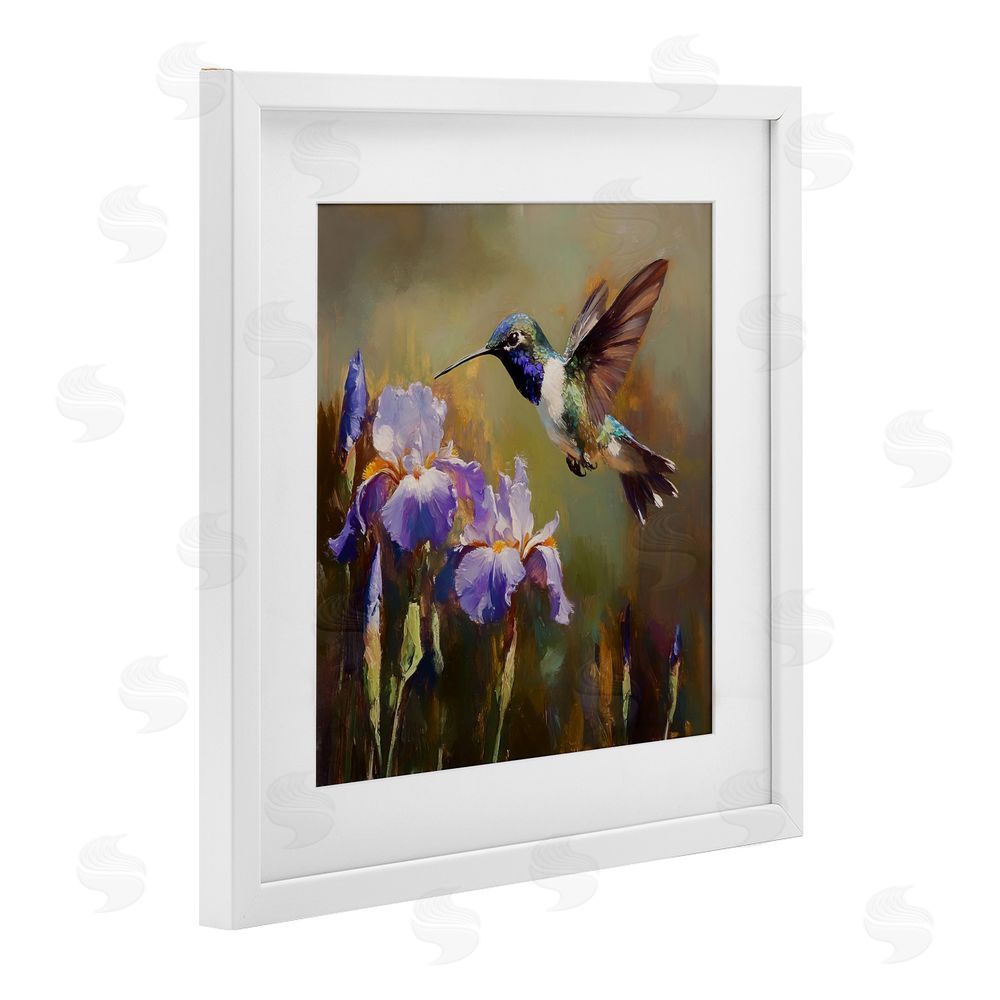 Tina LeCour Hummingbird & Purple Irises White Framed Print Under Glass with Mat Wall Art