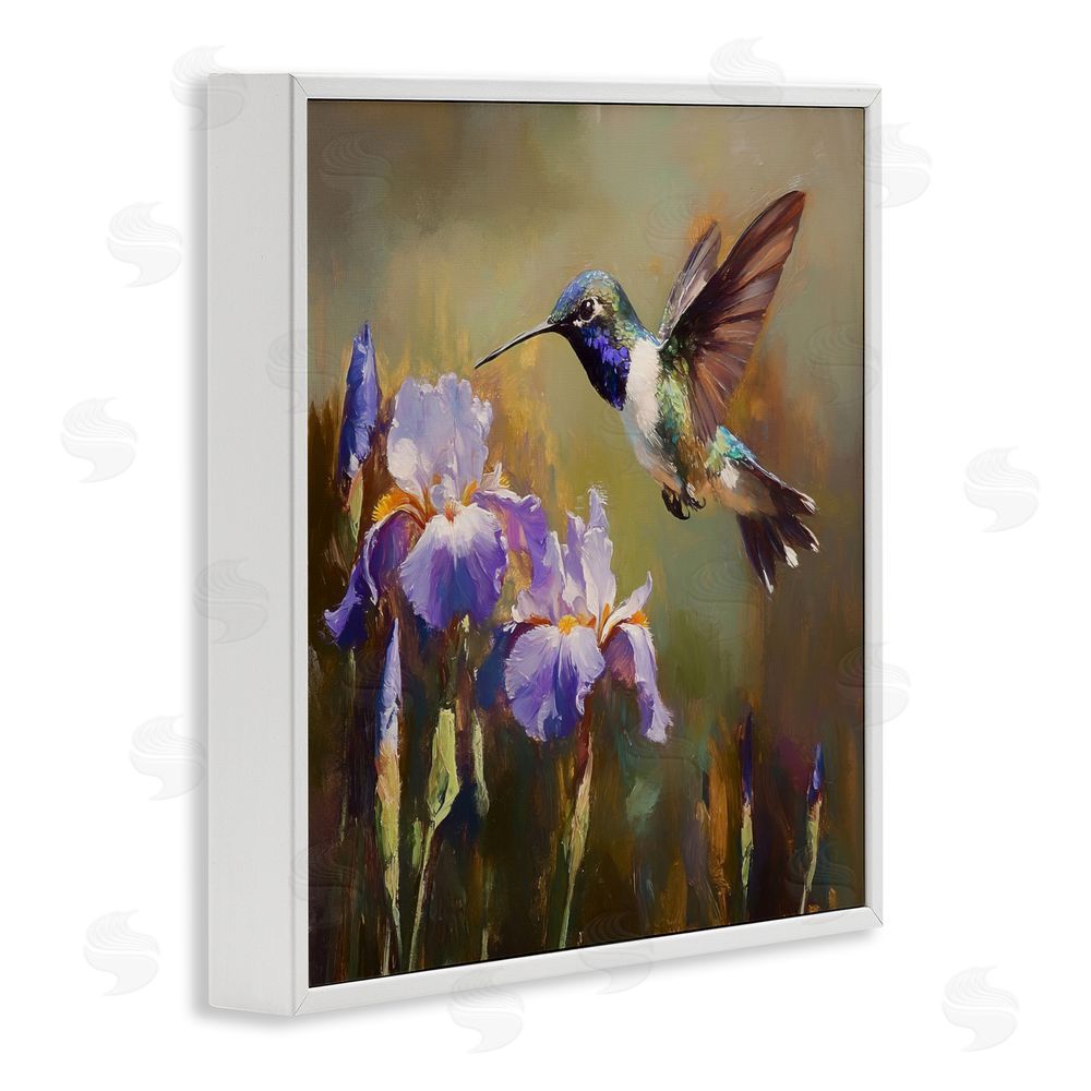 Tina LeCour Hummingbird & Purple Irises White Framed Giclee Wall Art Print