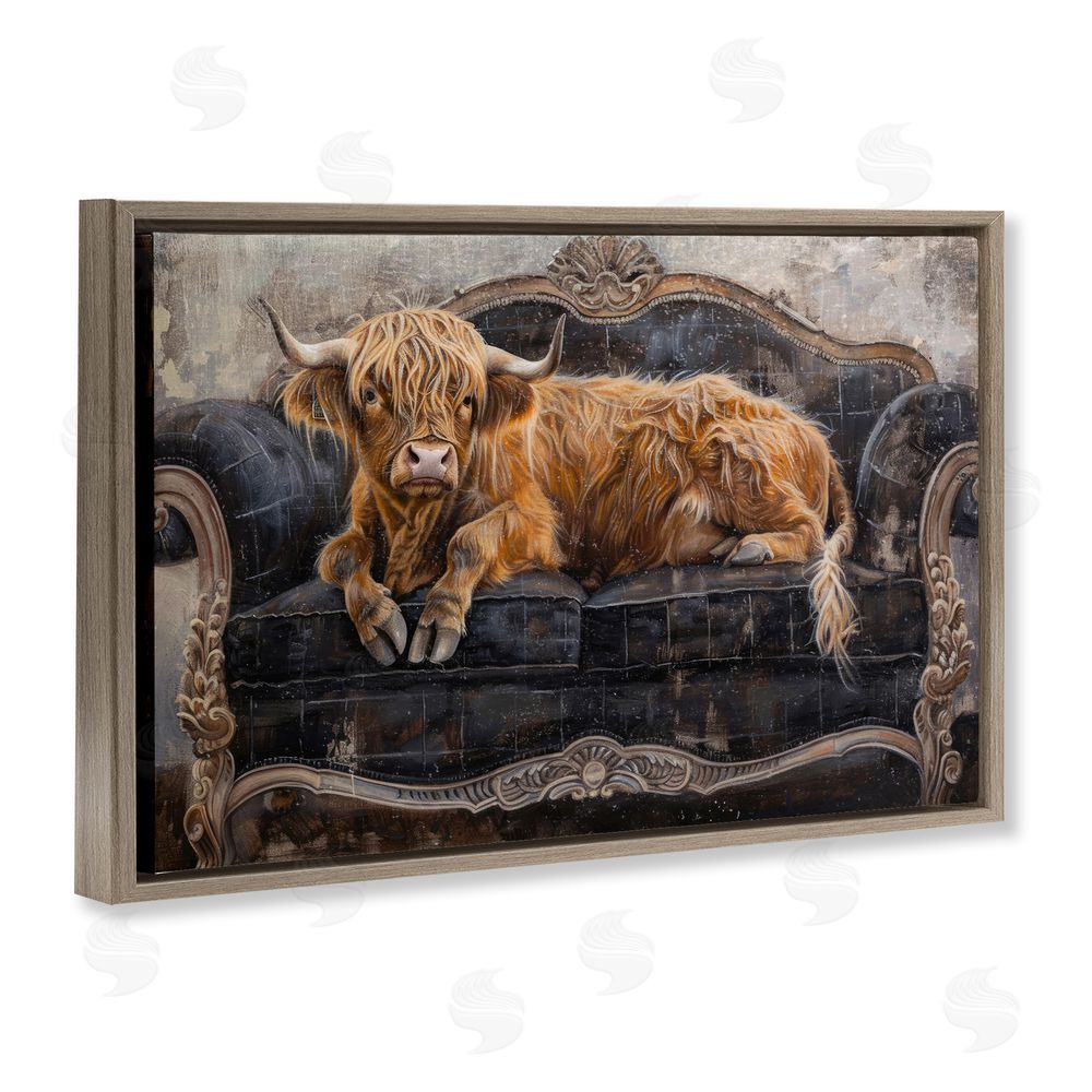 Tina LeCour Cozy Couch Highland Cow Brown Floating Frame Wall Art Print
