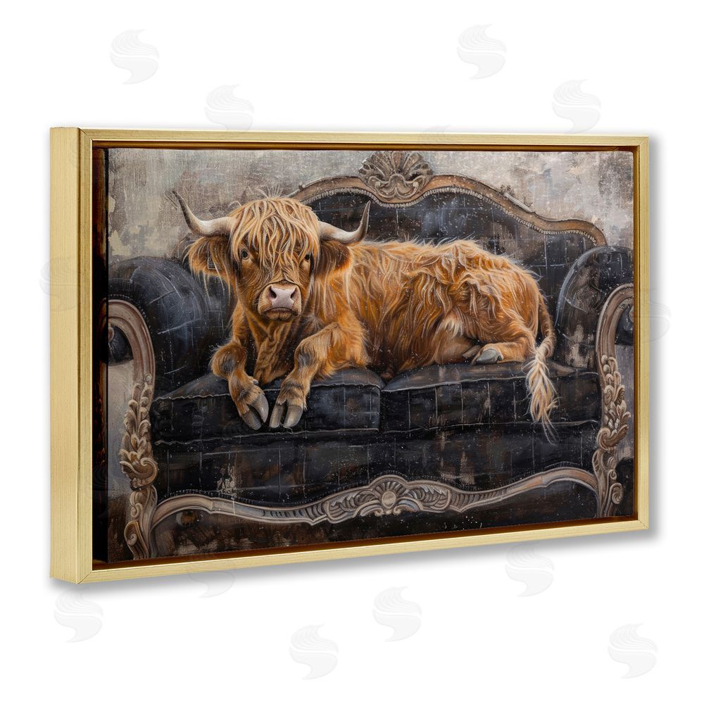 Tina LeCour Cozy Couch Highland Cow Gold Floating Frame Wall Art Print