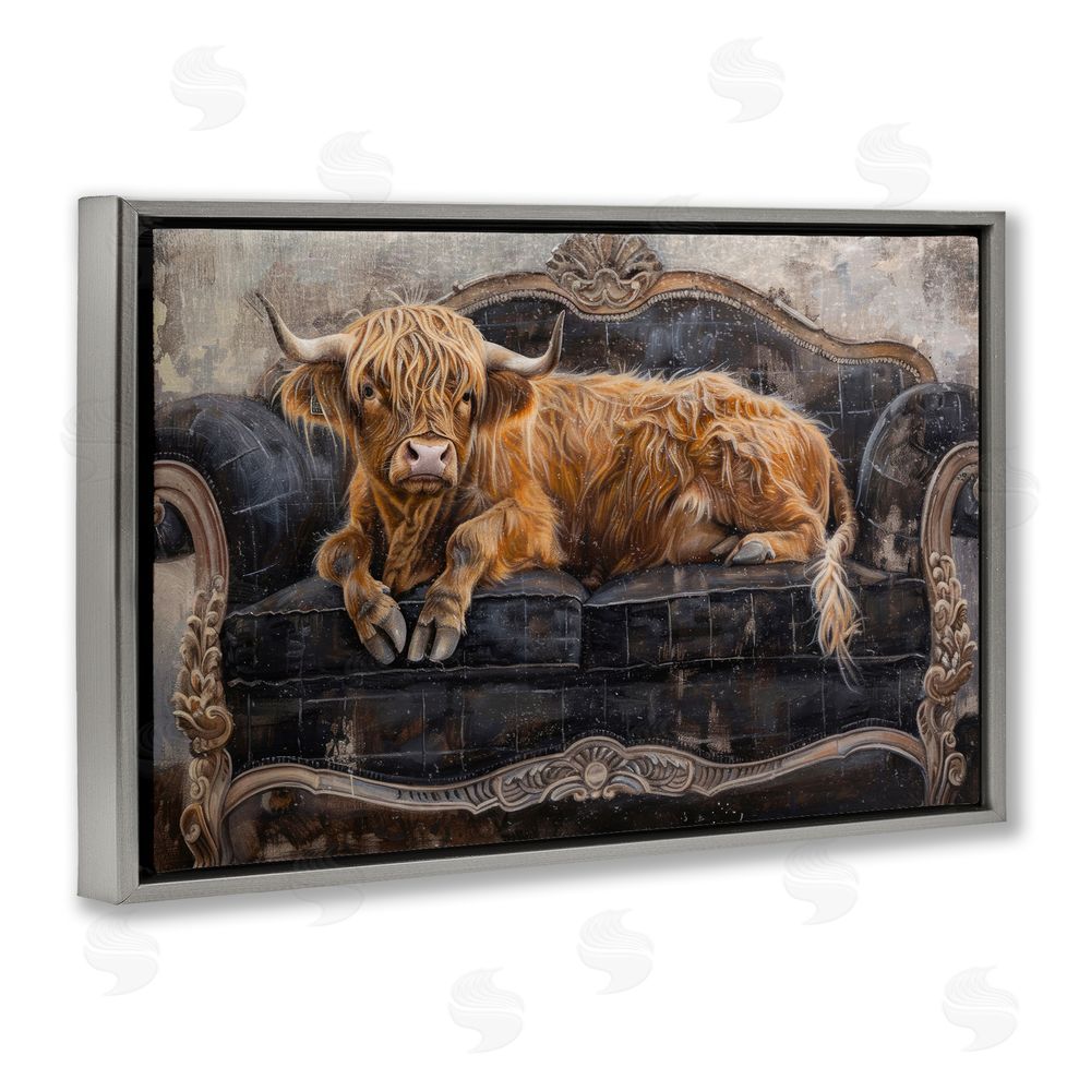 Tina LeCour Cozy Couch Highland Cow Gray Floating Frame Wall Art Print