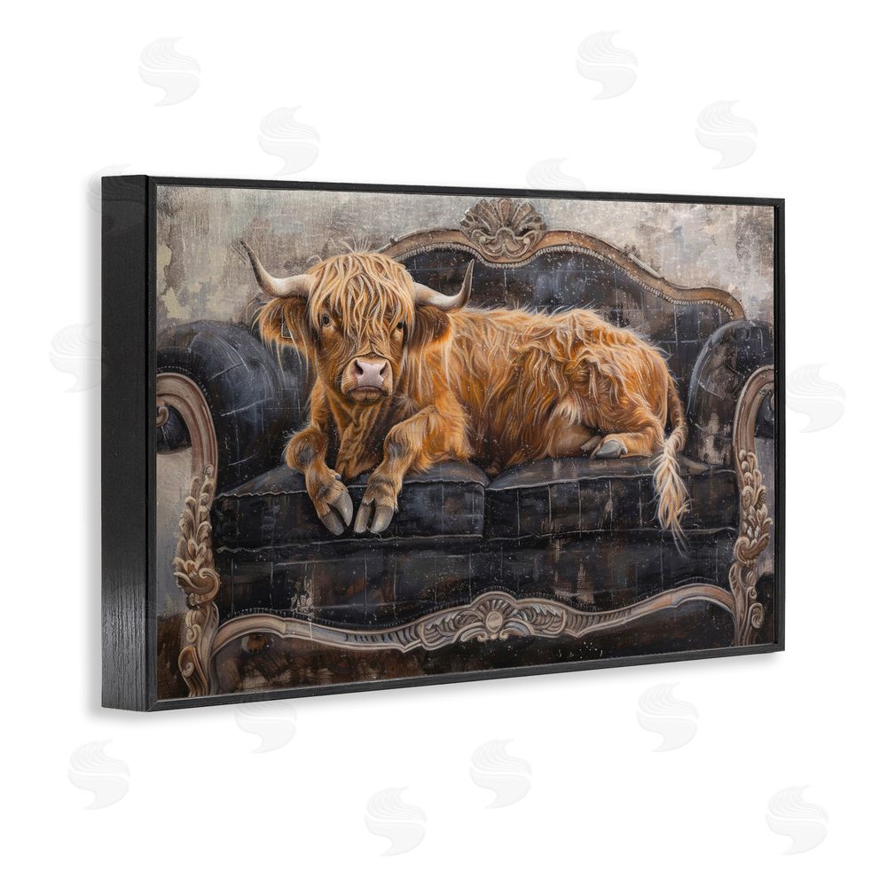 Tina LeCour Cozy Couch Highland Cow Black Framed Giclee Wall Art Print